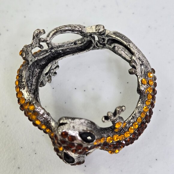 Lizard Gecko Rhinestone Bracelet Clamper Cuff Silver Tone Orange Statement - Picture 2 of 9
